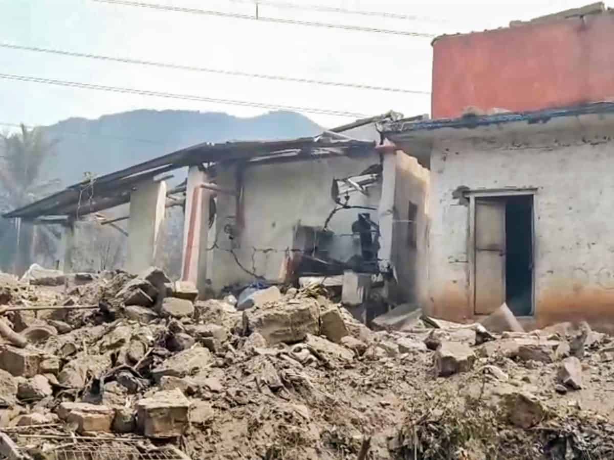 The image displays explosion site after blast occurred in Andhra Pradesh. April 13, 2025