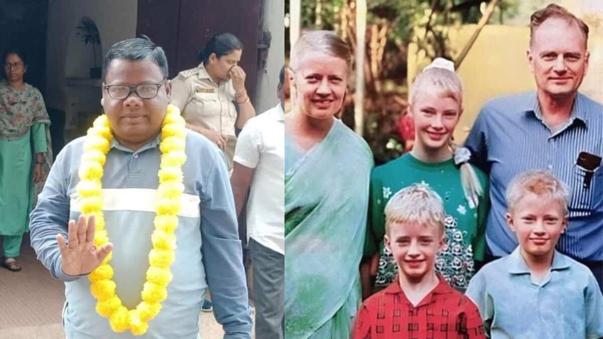 The image displays Mahendra Hembram and the Graham Stains family. April 17, 2025