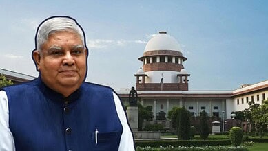 The image displays a picture of Supreme Court in the background and Vice President VP Dhankar in the foreground. April 17, 2025