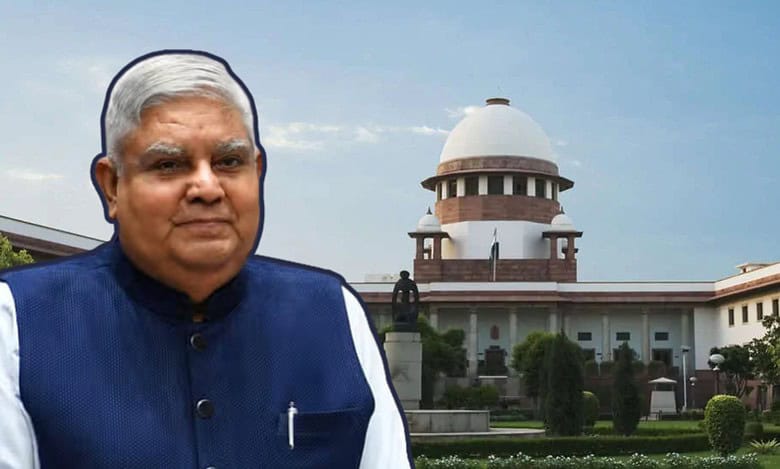 The image displays a picture of Supreme Court in the background and Vice President VP Dhankar in the foreground. April 17, 2025