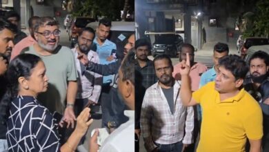 The image displays argument between members of Gujarati and Marathi speaking people in a Mumbai neighborhood