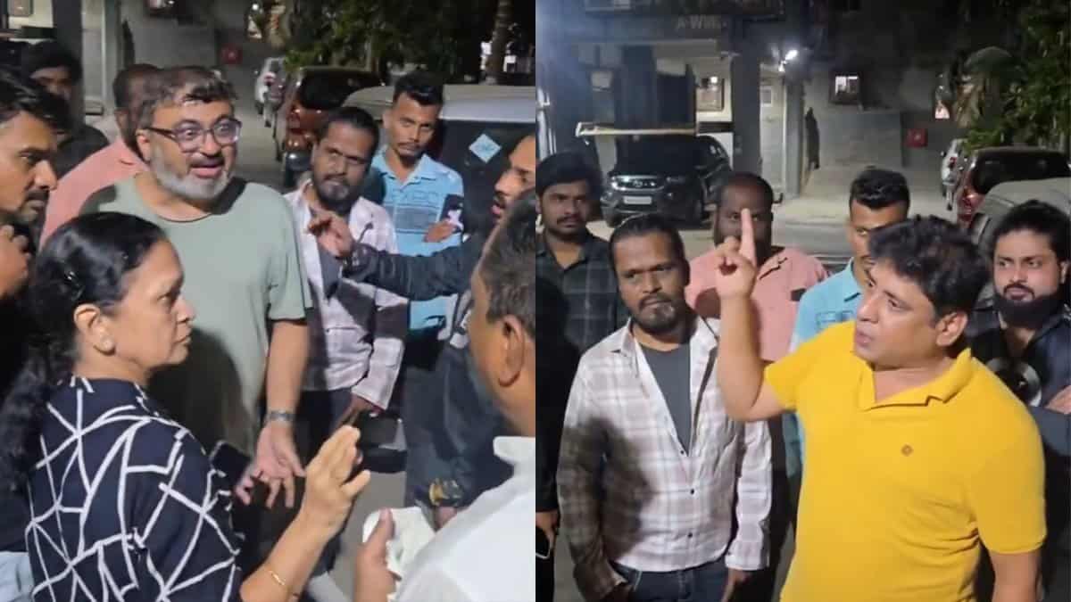 The image displays argument between members of Gujarati and Marathi speaking people in a Mumbai neighborhood