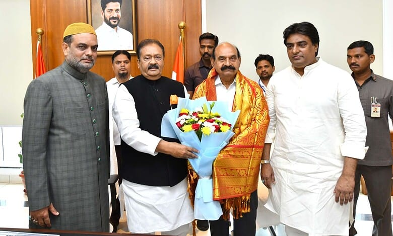 The image displays Congress leader Mohammed Ali Shabbir and Andhra Pradesh minister of law and minorities welfare N Md Farooq in Hyderabad on April 19