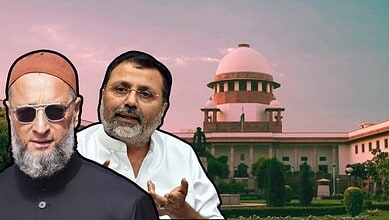 The image displays the picture of Supreme Court in the background and BJP MP Nishikant Dubey and AIMIM Asaduddin Owaisi in the foreground