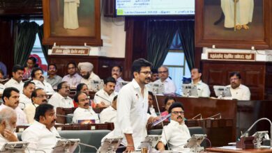 The image displays a picture of Tamil Nadu Deputy CM Udhaynidhi Stalin speaking at the Tamil Nadu Assembly