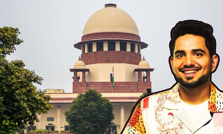 The image shows a picture of Supreme Court in the background and comedian Samay Raina in the foreground. April 21, 2025