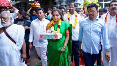 The image displays BRS MLC K Kavitha visiting Sitarama Chandra Swamy temple in Bhadrachalam, April 21, 2025.