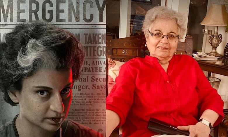 The image displays two pictures. One the left is the movie poster of Kangana Ranaut's Emergency. On the right is the picture of senior journalist and author Coomi Kapoor. April 22, 2025