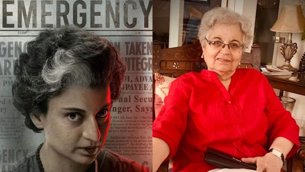 The image displays two pictures. One the left is the movie poster of Kangana Ranaut's Emergency. On the right is the picture of senior journalist and author Coomi Kapoor. April 22, 2025