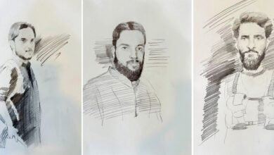 The image displays sketches of three men suspected to be involved in Pahalgam terror attack