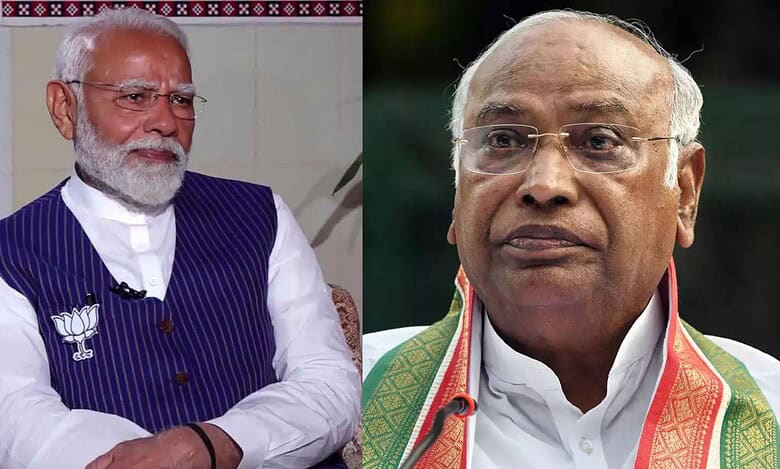 The image displays two photos. On the left is PM Narendra Modi and on the right is AICC president Mallikarjun Kharge. April 26, 2025