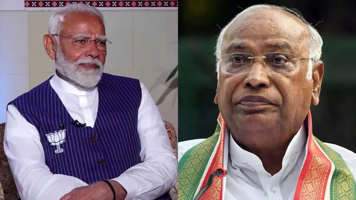 The image displays two photos. On the left is PM Narendra Modi and on the right is AICC president Mallikarjun Kharge. April 26, 2025