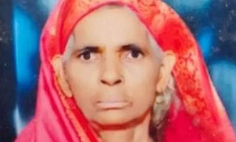 The image displays the picture of elderly Dalit woman Sheela Devi who was run over by upper caste men in Uttar Pradesh