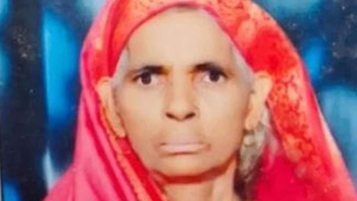 The image displays the picture of elderly Dalit woman Sheela Devi who was run over by upper caste men in Uttar Pradesh