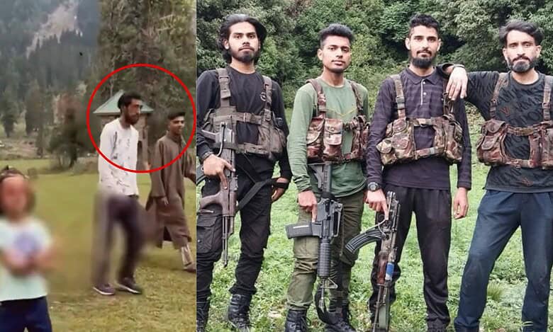 The image displays two picture. One the left is a blur image of a child while two men walk in the background. The second image is the picture of four men with guns.