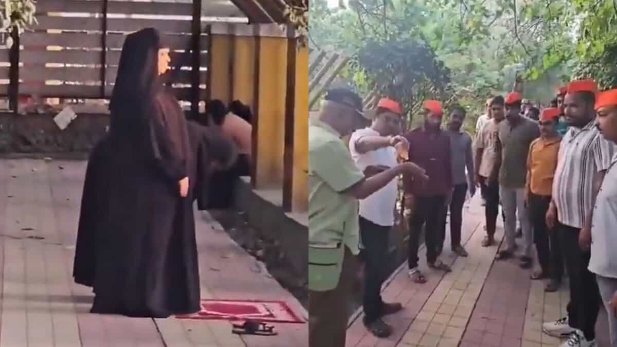 The image displays two pictures. In the first picture, two Muslim women are offering namaz. In the second picture, right-wing workers sprinkle cow urine