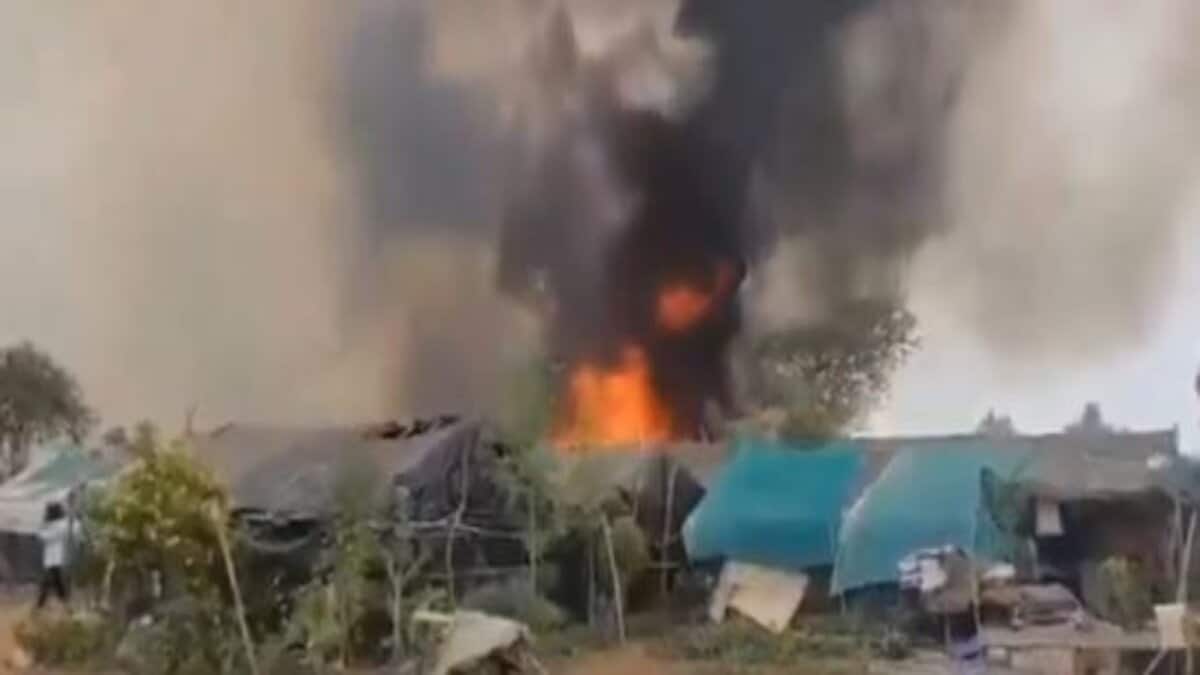 The image displays smoke from huts in Hayathnagar after a gas cylinder exploded. April 26, 2025