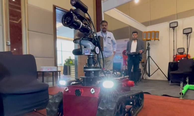 Firefighter robot displaying its skills in Hyderabad