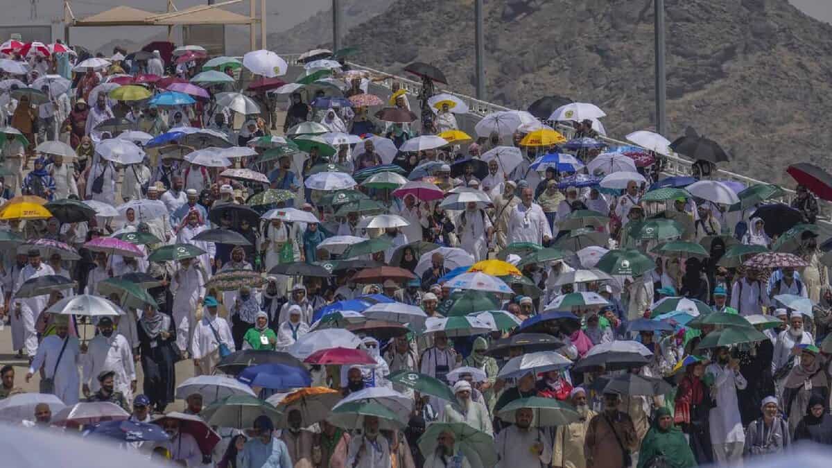Large crowd of Haj pilgrims walking under umbrellas to protect themselves from the sun, during the annual pilgrimage in Saudi Arabia, with mountains in the background.