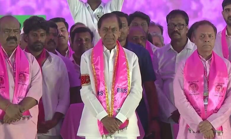 The image displays a picture of BRS supremo KCR at the party's silver jubilee celebrations in Warangal