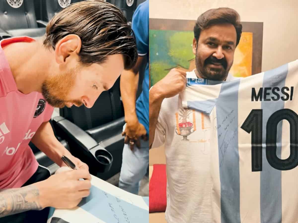 Mohanlal's heart skips a beat as he receives a jersey signed by Lionel Messi
