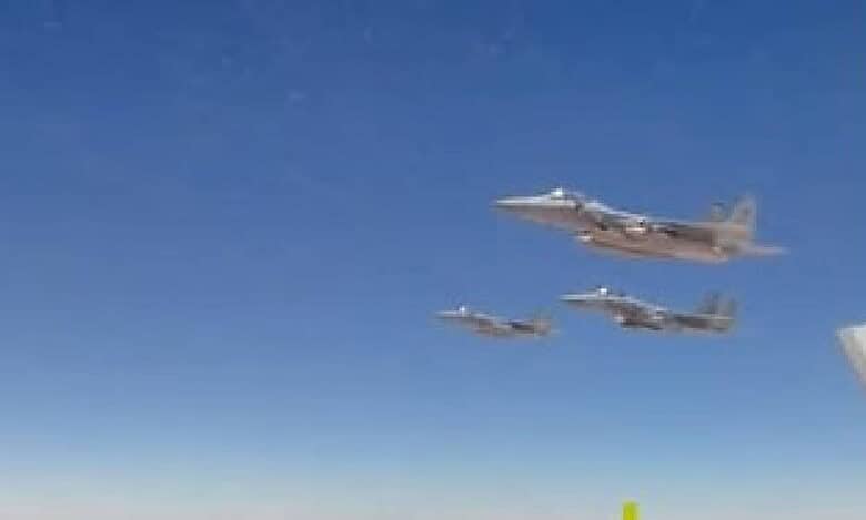 Saudi Royal Air Force F-15 fighter jets escort Indian Prime Minister Narendra Modi’s aircraft as it enters Saudi airspace en route to Jeddah, during official visit on April 22