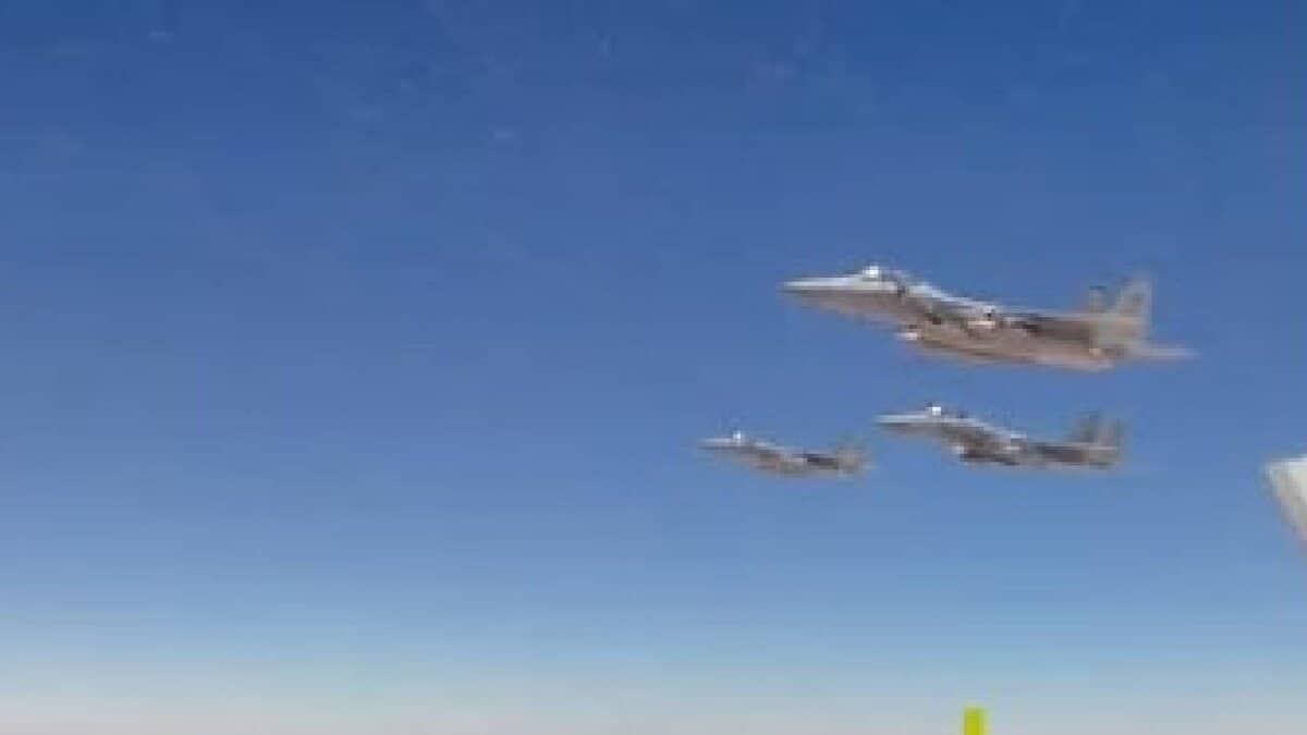 Saudi Royal Air Force F-15 fighter jets escort Indian Prime Minister Narendra Modi’s aircraft as it enters Saudi airspace en route to Jeddah, during official visit on April 22