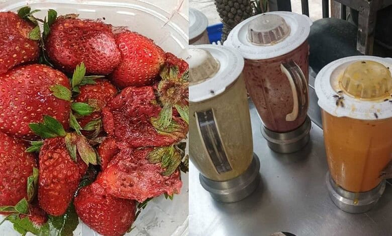 Rotten strawberries and a juice jar covered with flies, documenting unhygienic conditions found during Hyderabad juice center raids.