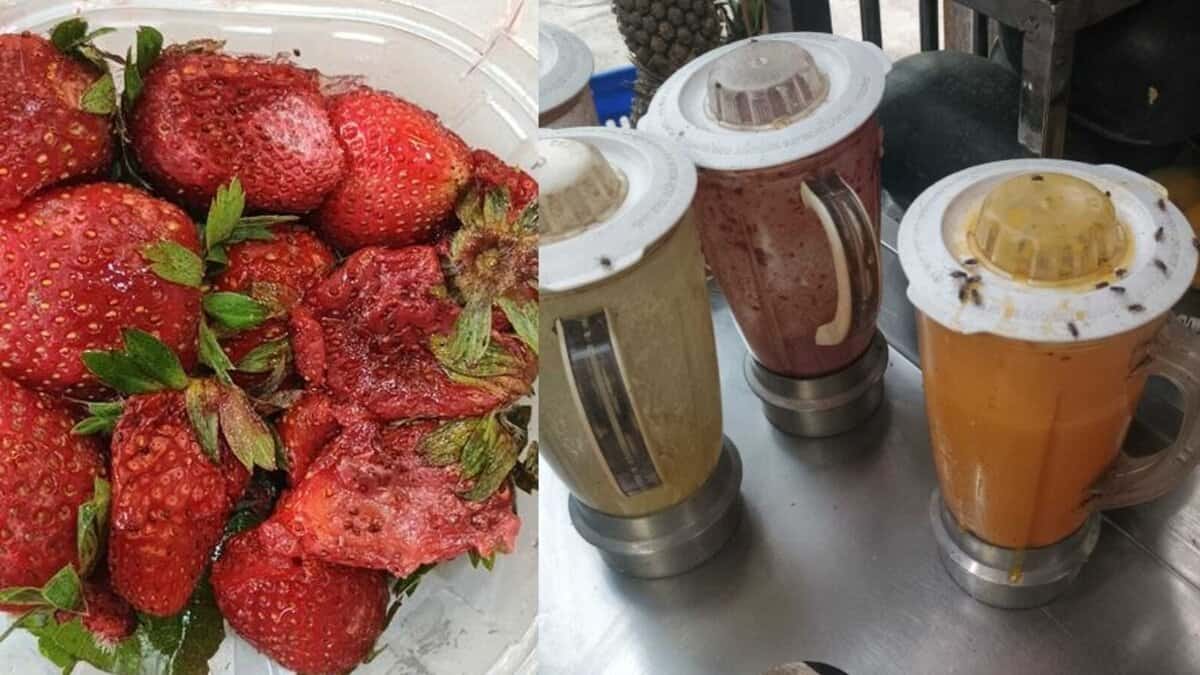 Rotten strawberries and a juice jar covered with flies, documenting unhygienic conditions found during Hyderabad juice center raids.