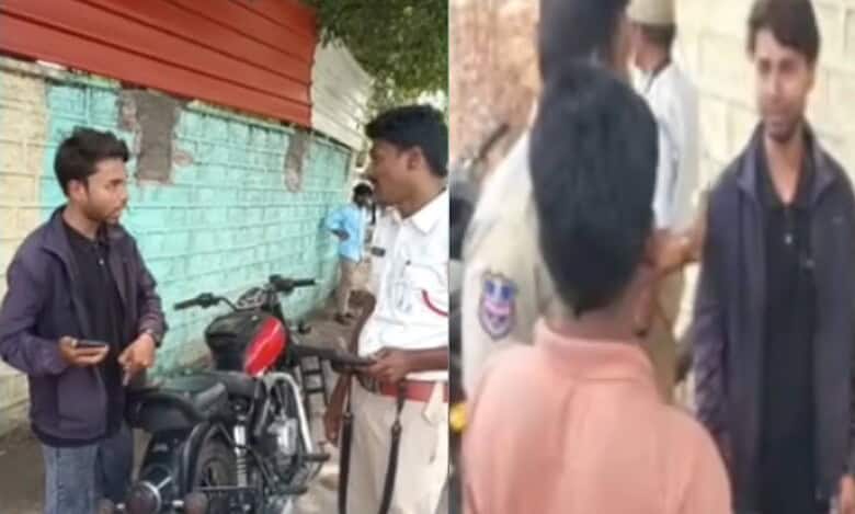 Youngster is seen threatening a traffic police SI during routine checks in Bowenpally.