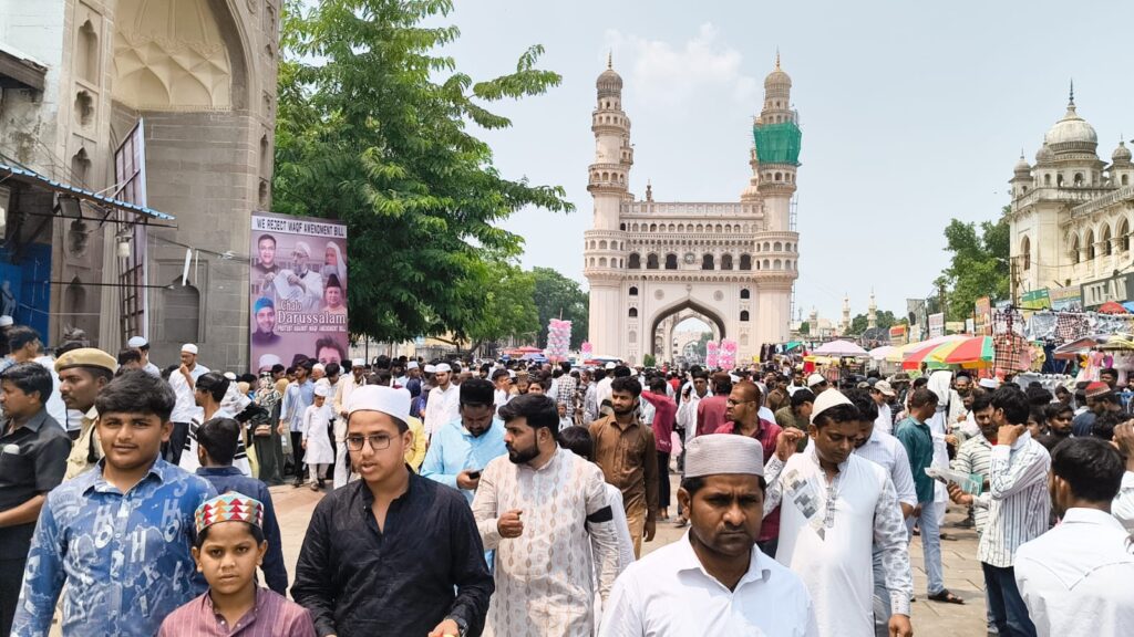 Protesters gathered near Makkah Masjid holding anti-Waqf Act placards during April 18 demonstration