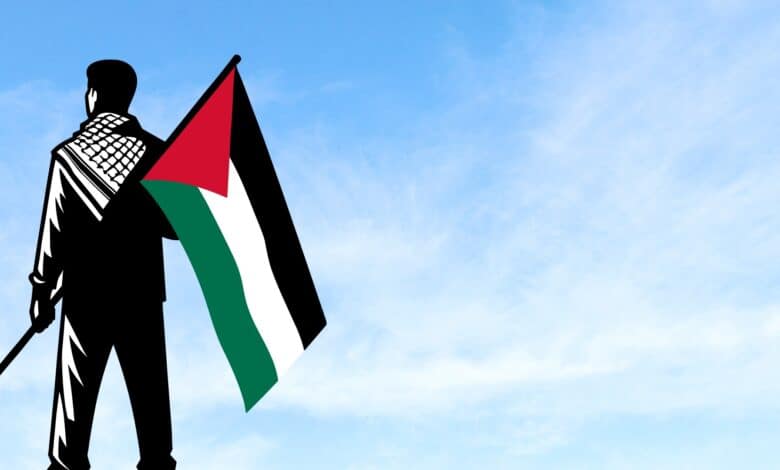 A man waving a Palestine flag against a backdrop of the sky.