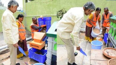 The image shows AP CM Chandrababu Naidu participating in 'Swarnandhra-Swachhandhra' programme at Panyam constituency in Kurnool district on Saturday, May 17, 2025.