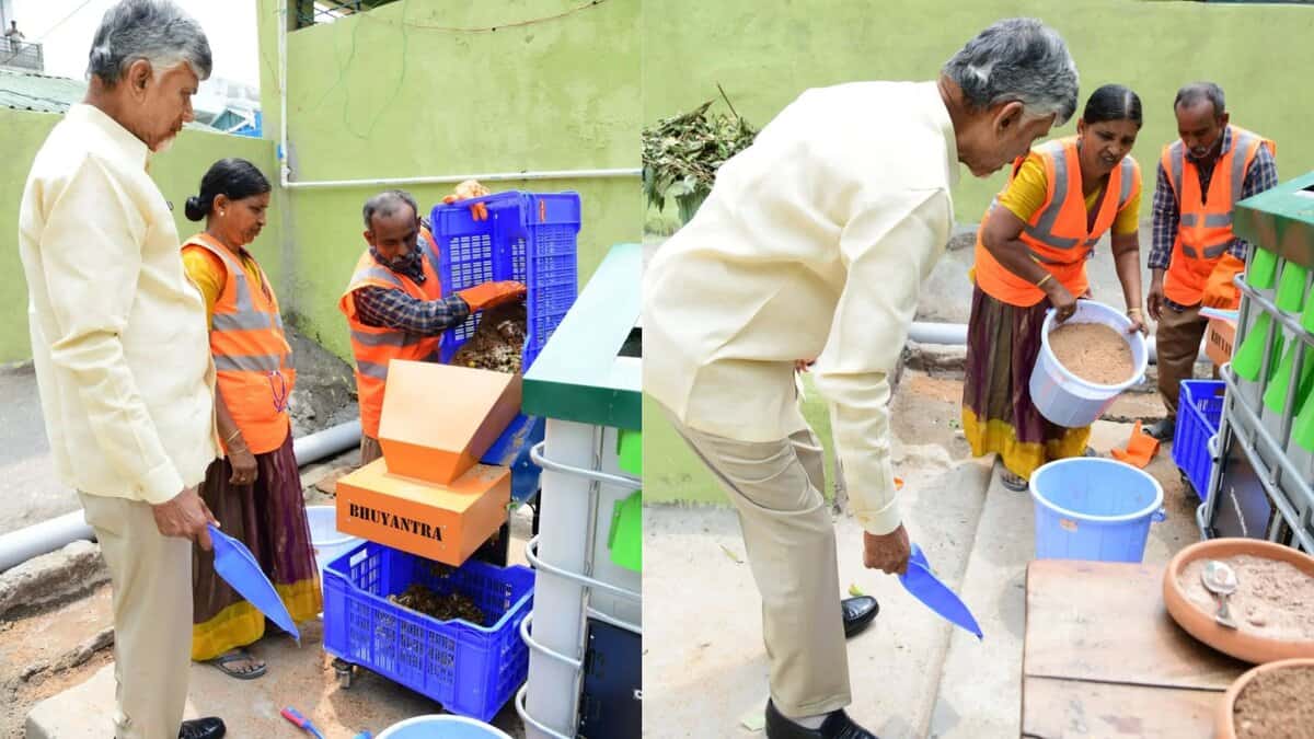 The image shows AP CM Chandrababu Naidu participating in 'Swarnandhra-Swachhandhra' programme at Panyam constituency in Kurnool district on Saturday, May 17, 2025.