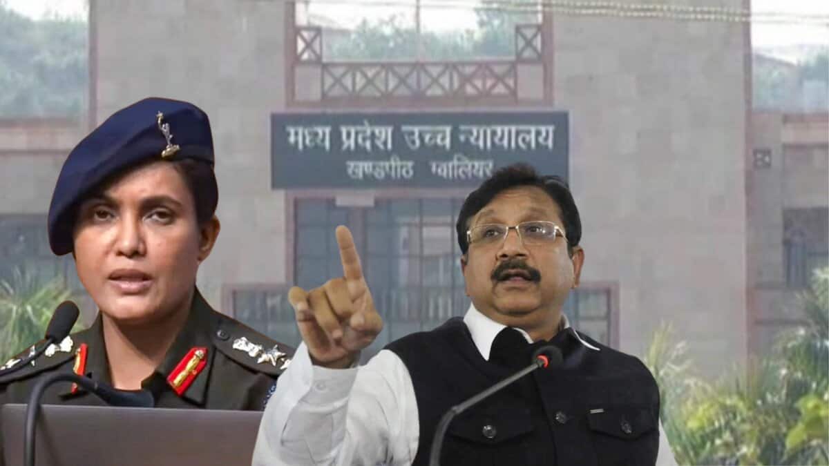 Colonel Sofiya Qureshi on the left and Kunwar Vijay Shah with MP HC in the background