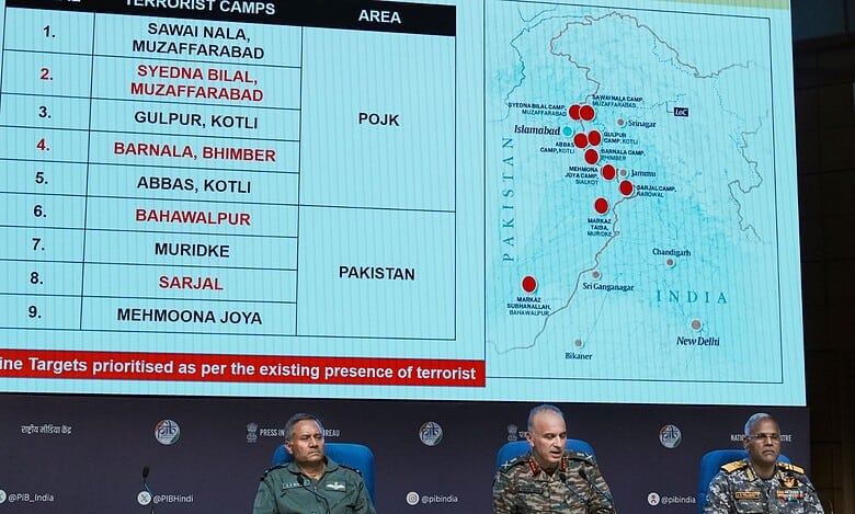 New Delhi: Director General of Military Operations (DGMO) Lt General Rajiv Ghai with Air Marshal AK Bharti and Vice Admiral AN Pramod during a press conference on 'Operation Sindoor', in New Delhi, Sunday, May 11, 2025. (PTI Photo/