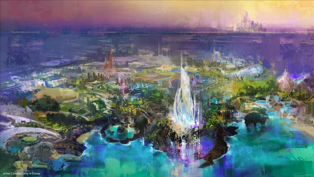 Artist's impression of Disney's upcoming theme park on Yas Island, Abu Dhabi, showing vibrant attractions, green spaces, and waterfront areas.