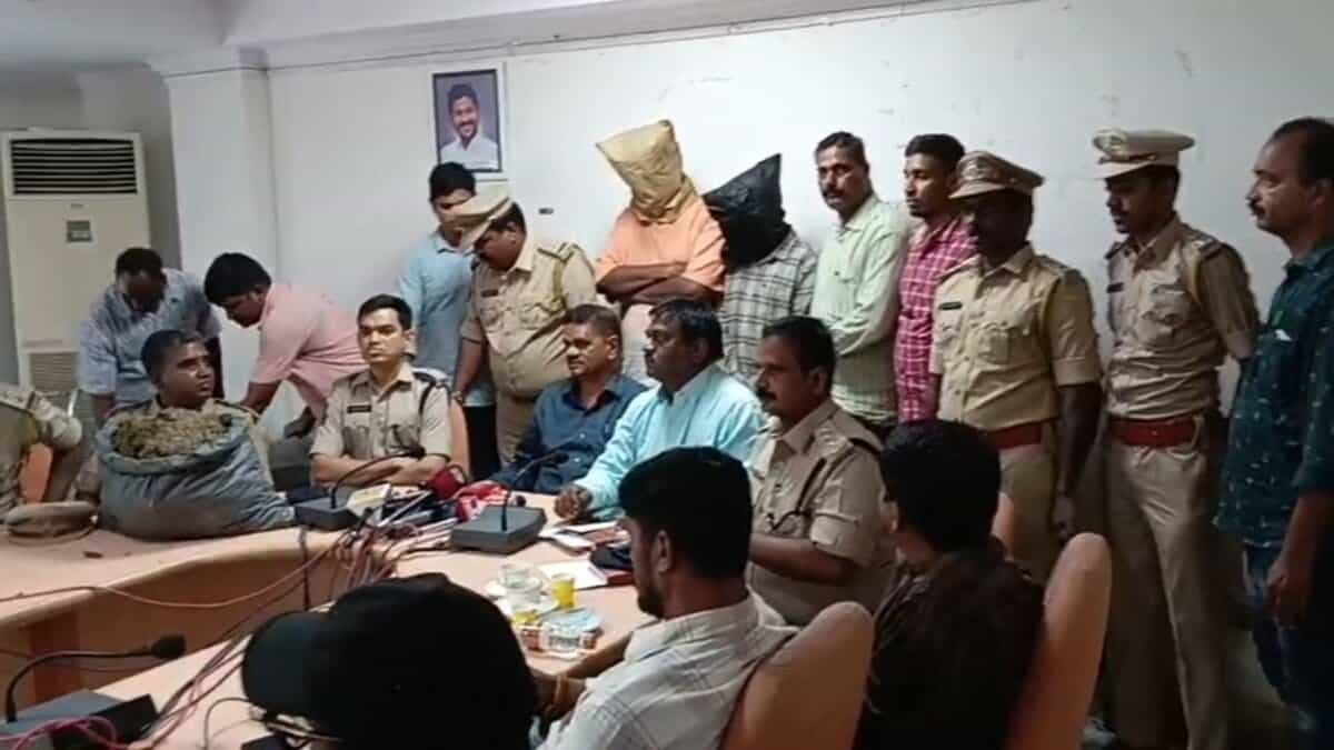 Police officials hold a press conference over ganja peddlers caught in Hyderabad.