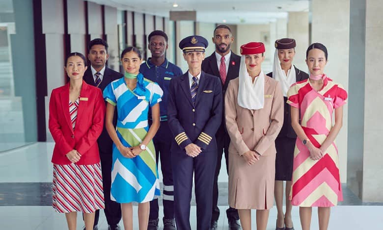 A diverse group of Emirates Group staff, including pilots, cabin crew, and ground personnel, standing in uniform at a modern airport terminal. The image showcases multicultural representation and professional airline attire.