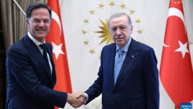Turkish President Recep Tayyip Erdogan (right) shakes hands with NATO Secretary General Mark Rutte