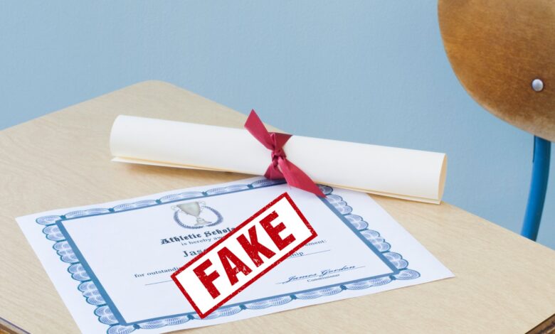 Representational Image of a diploma placed on a table with a fake stamp