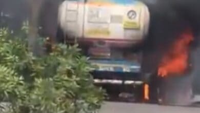 Fire erupts at a petrol tanker yard in Cherlapally, Medchal-Malkajgiri district, causing panic among local residents on May 18.