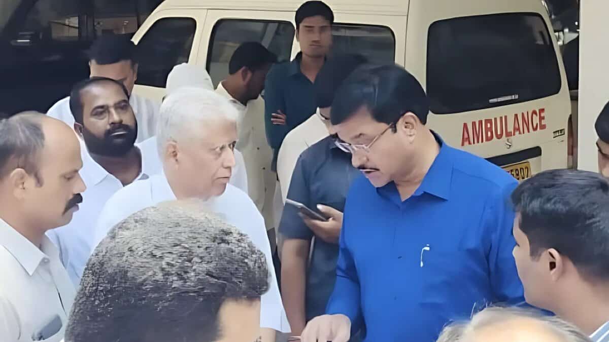 HYDRAA Chief, AV Ranganath, engages in a discussion with other officials during an inspection of the hospital construction site at RTC Crossroads, addressing violations and safety concerns.