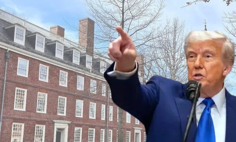 Harvard university in the background along with the photo of US President Donald Trump
