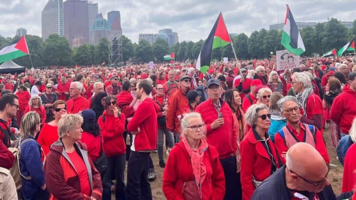 Large crowd dressed in red gathers at a protest with Palestinian flags and signs calling for an end to genocide, under cloudy skies.