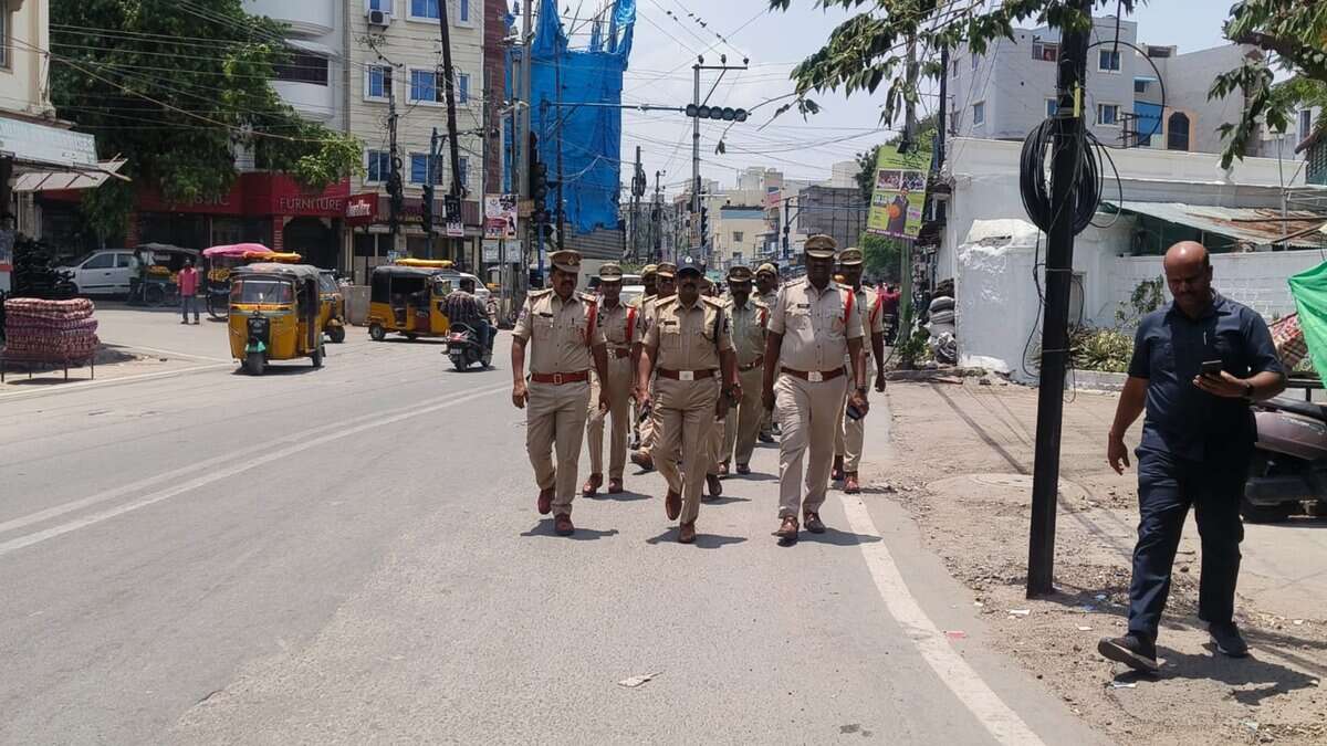 Hyderabad police on May 9 conduct foot patrol from Meraz X Roads to Mallepally X Roads to build public confidence.
