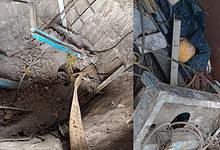 A collage of two photos of a lift accident in Hyderabad's Jawaharnagar after a lift snapped