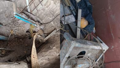 A collage of two photos of a lift accident in Hyderabad's Jawaharnagar after a lift snapped