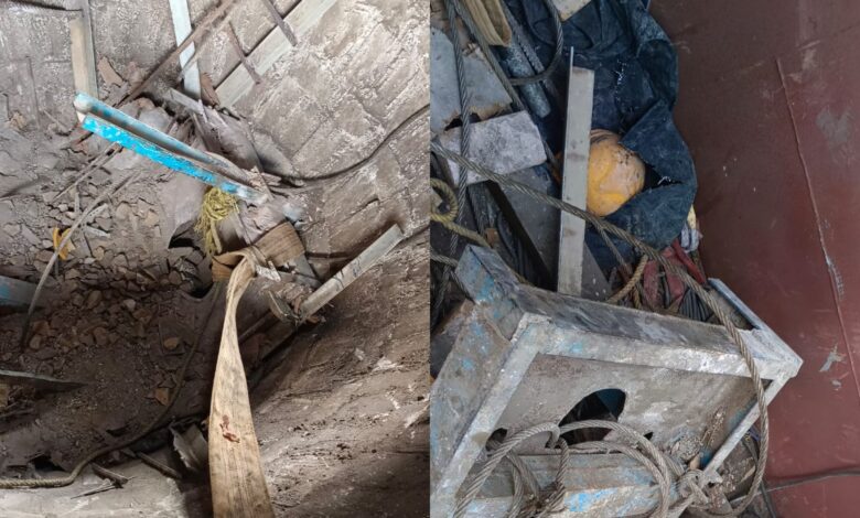 A collage of two photos of a lift accident in Hyderabad's Jawaharnagar after a lift snapped