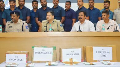 Image of Cyberabad Police along with other officials during a press conference on May 30, following the arrest of a drug peddler and the seizure of narcotics worth Rs 3 crore.